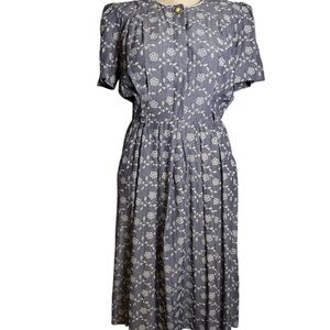 Vintage 80's 40's retro PERIWINKLE midi pleated pocket cotttacore gray blue 18